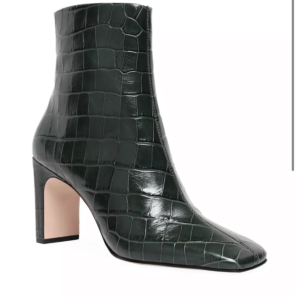Schutz marion square toe croc embossed leather boots in deep green